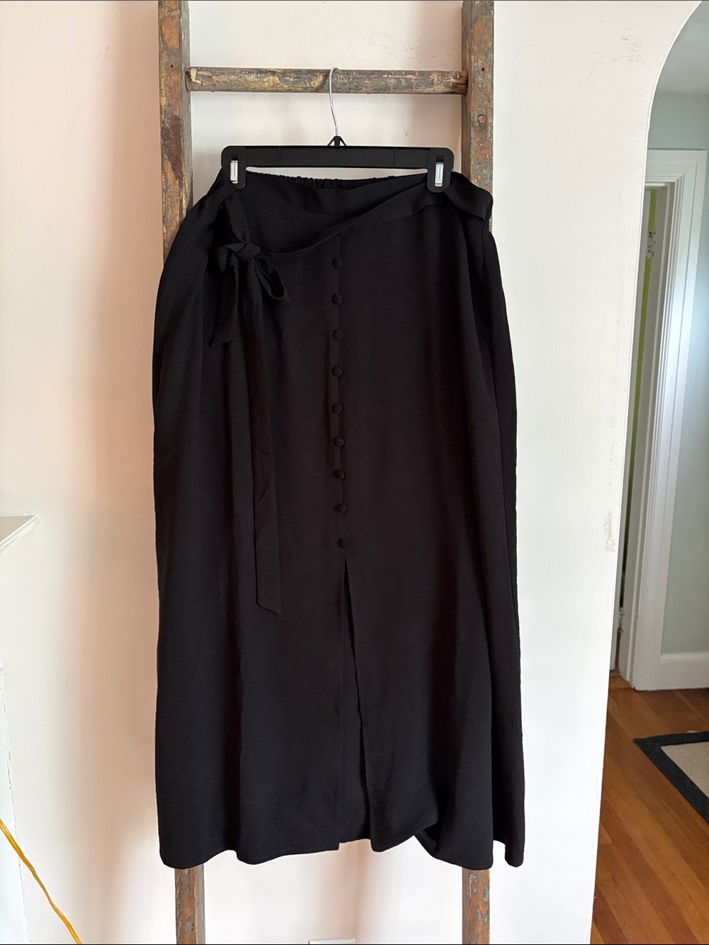 Black Button-Front Maxi Skirt with Tie Waist